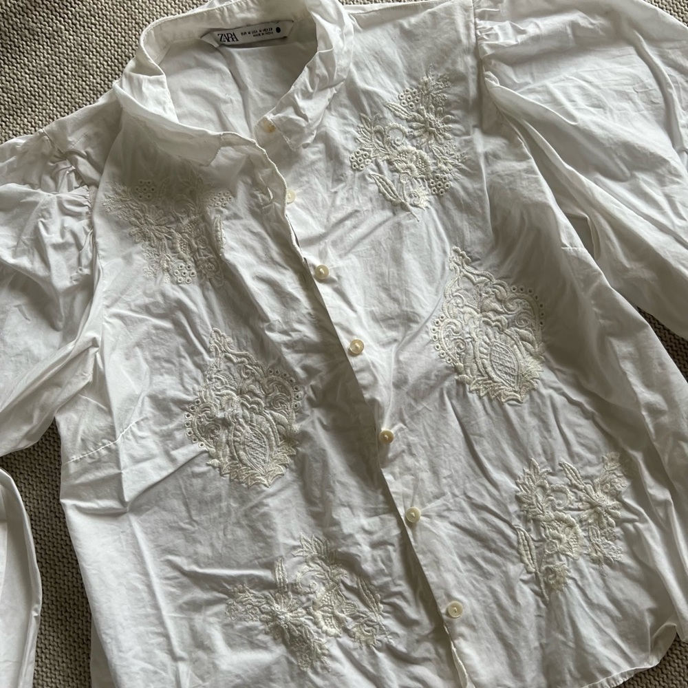 Zara white blouse | White blouse embroidered, Dainty white shirt